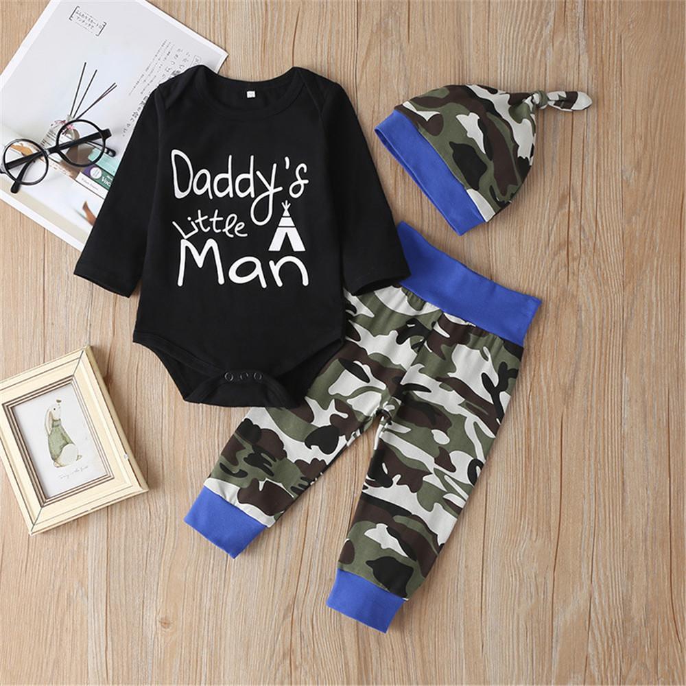 Baby Letter Printed Camouflage Romper & Pants & Hat - PrettyKid