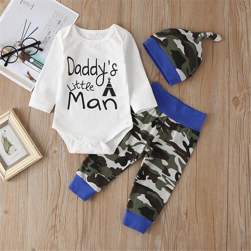 Baby Letter Printed Camouflage Romper & Pants & Hat - PrettyKid