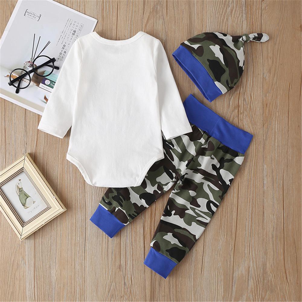 Baby Letter Printed Camouflage Romper & Pants & Hat - PrettyKid
