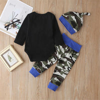 Baby Letter Printed Camouflage Romper & Pants & Hat - PrettyKid