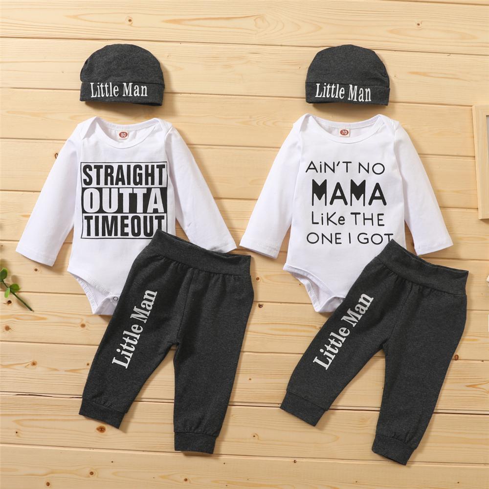 Baby Boys Letter Printed Casual Romper & Pants & Hat Baby Wholesale Clothes - PrettyKid