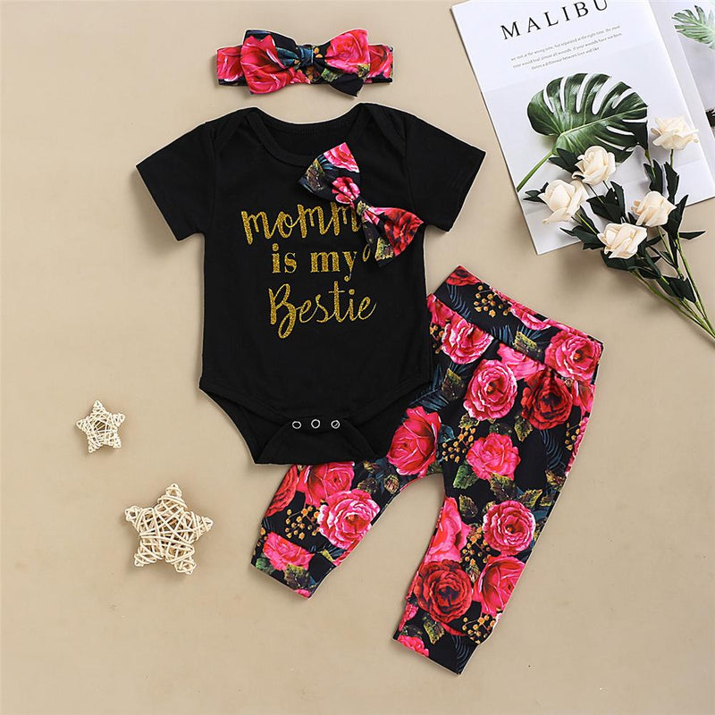 Baby Girls Letter Printed Floral Bow Short Sleeve Romper & Pants & Headband Baby clothes Cheap Wholesale - PrettyKid