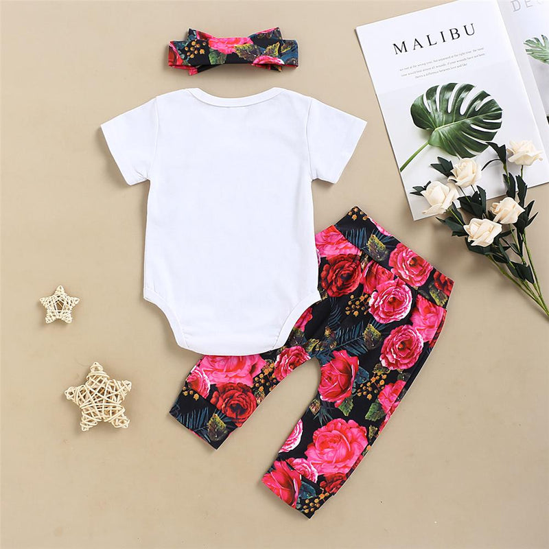 Baby Girls Letter Printed Floral Bow Short Sleeve Romper & Pants & Headband Baby clothes Cheap Wholesale - PrettyKid