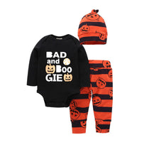 Baby Letter Printed Halloween Pumpkin Romper & Pants & Hat - PrettyKid
