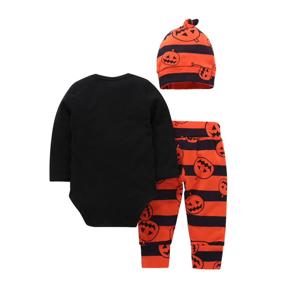 Baby Letter Printed Halloween Pumpkin Romper & Pants & Hat - PrettyKid