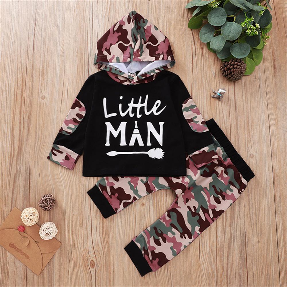 Boys Camo Letter Printed Hooded Top & Pants Baby Boys Clothes Wholesale - PrettyKid