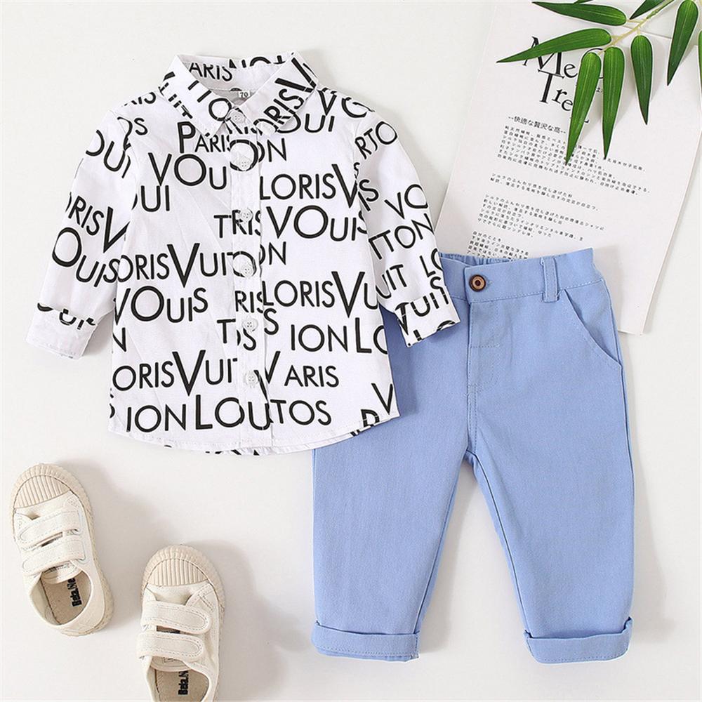 Baby Boys Letter Printed Lapel Long Sleeve Shirt & Pants Baby Wholesale - PrettyKid
