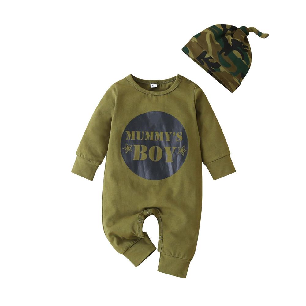 Baby Boys Letter Printed Long-sleeve Rompers & Hat - PrettyKid