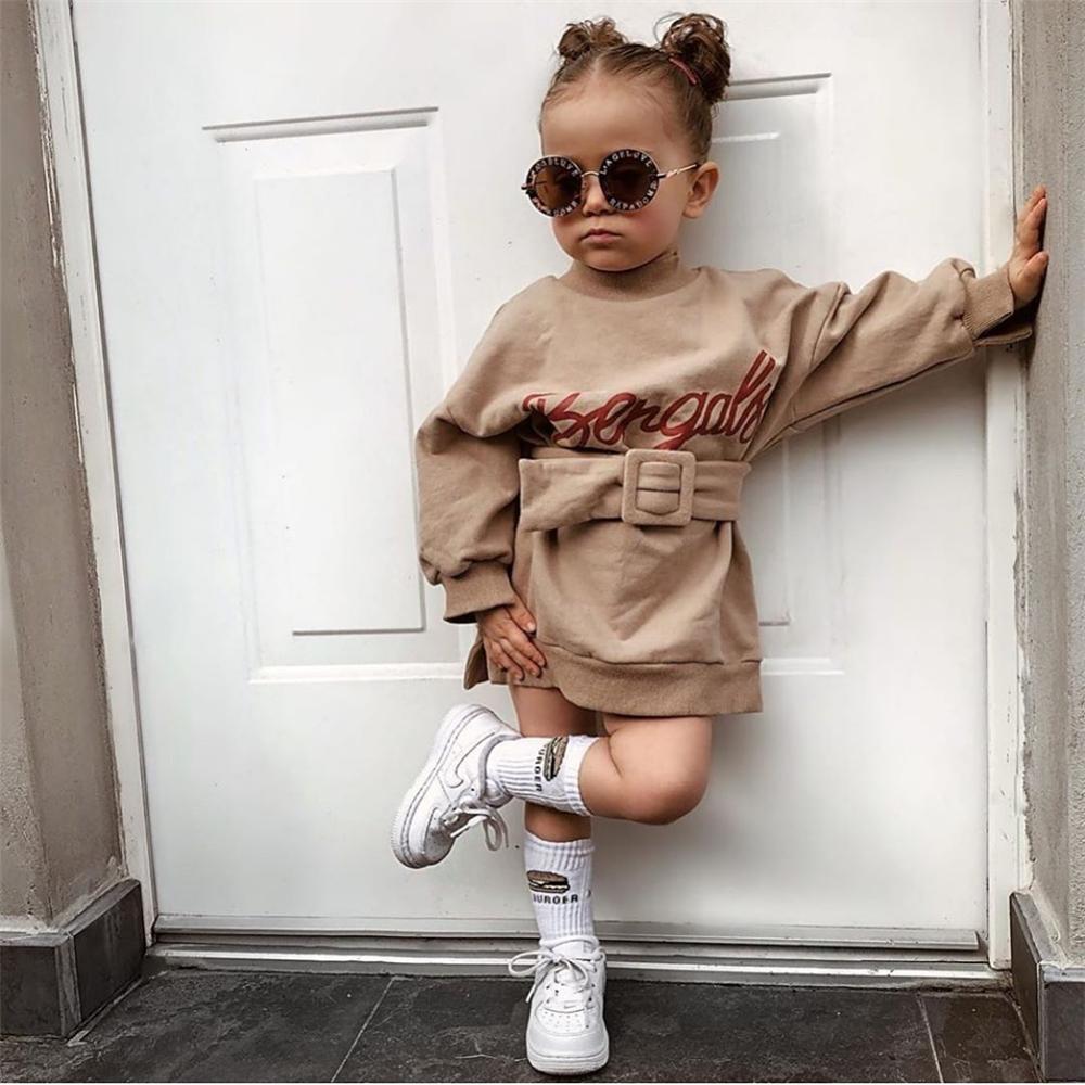 Girls Letter Printed Long Sleeve Dress & Belt Wholesale Kids Apparel - PrettyKid