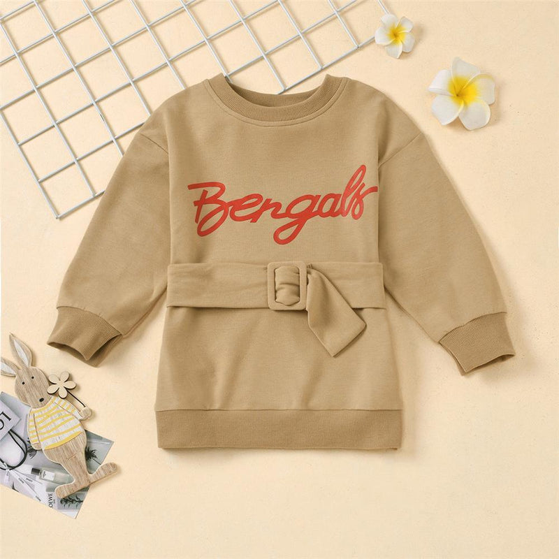 Girls Letter Printed Long Sleeve Dress & Belt Wholesale Kids Apparel - PrettyKid