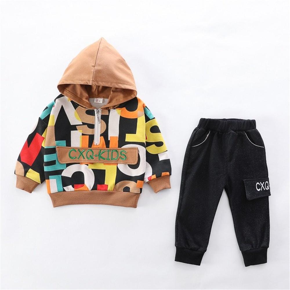 Boys Letter Printed Long Sleeve Hooded Jumper & Pants - PrettyKid