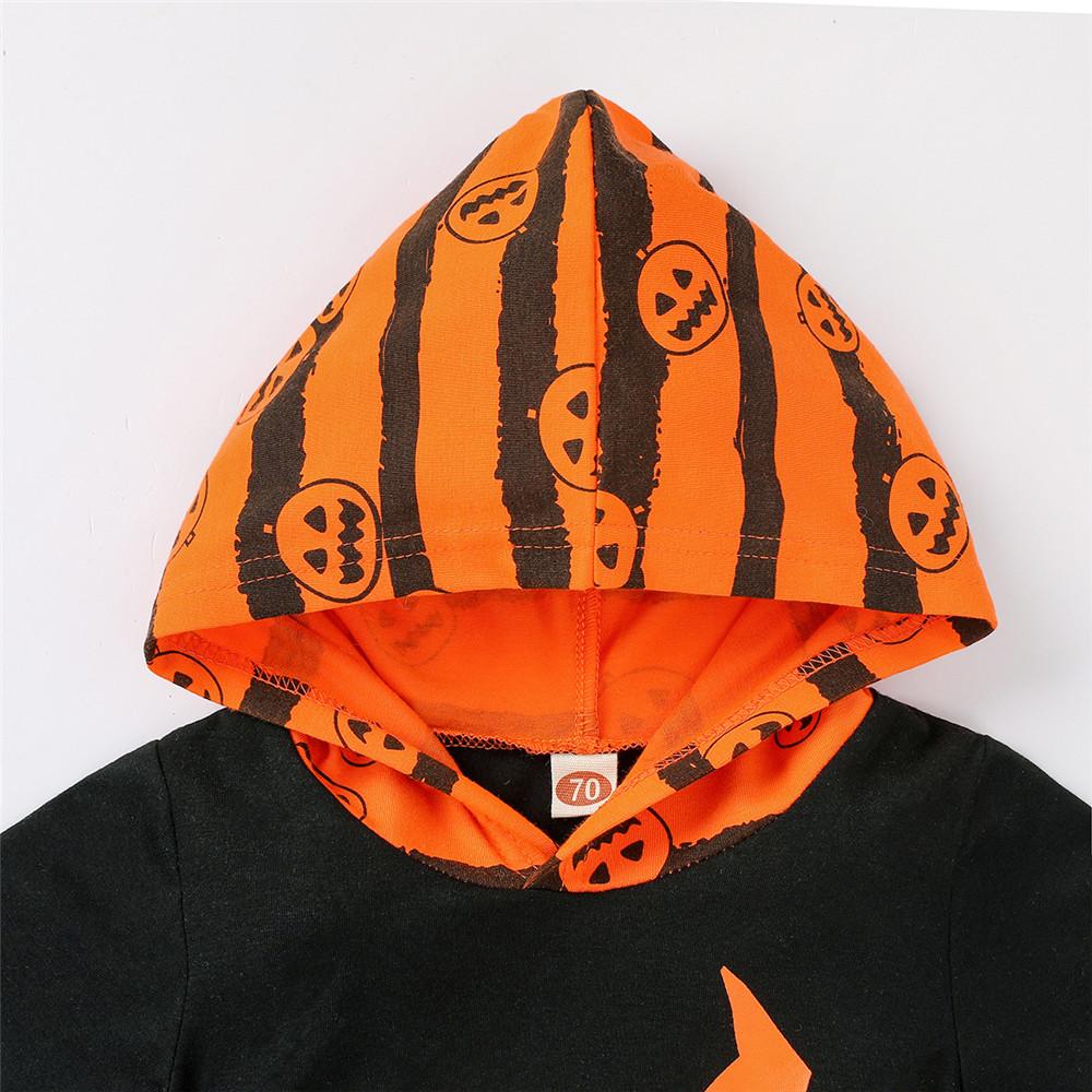 Baby Letter Printed Long Sleeve Pumpkin Hooded Halloween Rompers - PrettyKid