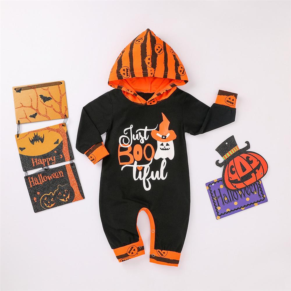 Baby Letter Printed Long Sleeve Pumpkin Hooded Halloween Rompers - PrettyKid