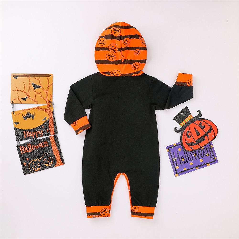 Baby Letter Printed Long Sleeve Pumpkin Hooded Halloween Rompers - PrettyKid