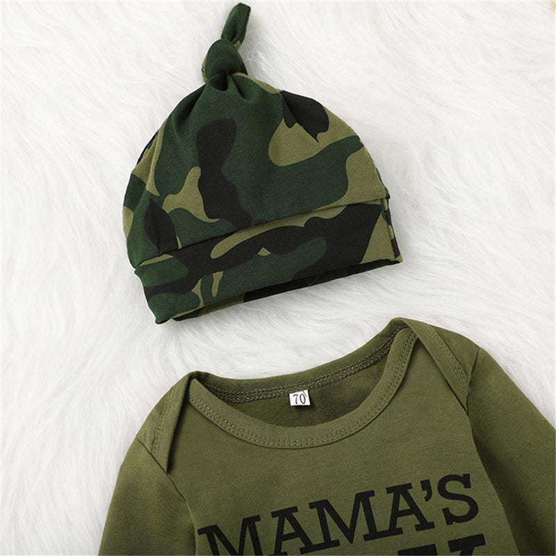 Baby Boys Letter Printed Long Sleeve Romper & Camo Pants & Hat Baby Wholesale - PrettyKid