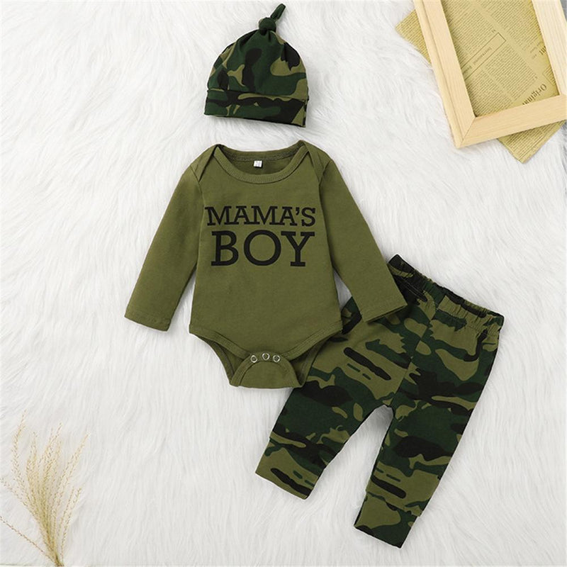 Baby Boys Letter Printed Long Sleeve Romper & Camo Pants & Hat Baby Wholesale - PrettyKid