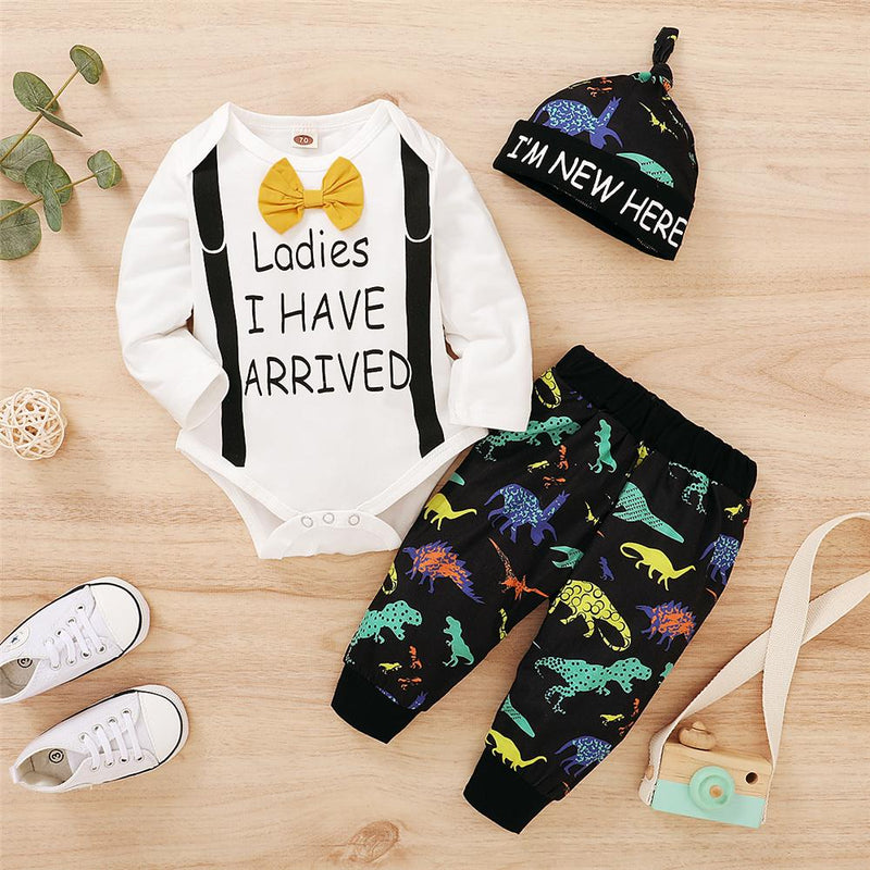 Baby Boys Letter Printed Long Sleeve Romper & Dinosaur Pants & Hat Cheap Boutique Baby Clothing - PrettyKid