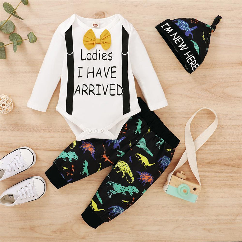 Baby Boys Letter Printed Long Sleeve Romper & Dinosaur Pants & Hat Cheap Boutique Baby Clothing - PrettyKid