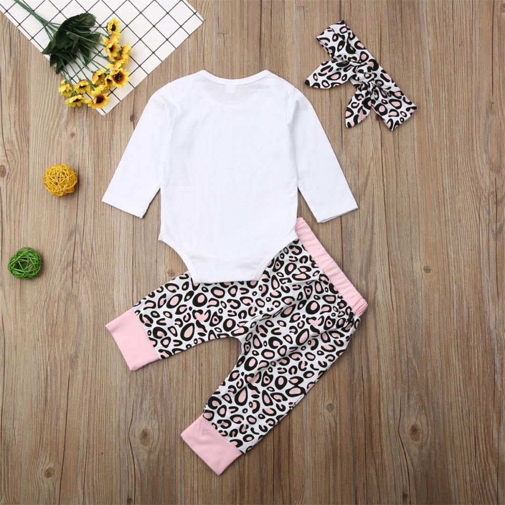 Baby Girls Letter Printed Long Sleeve Romper & Leopard Pants & Headband - PrettyKid