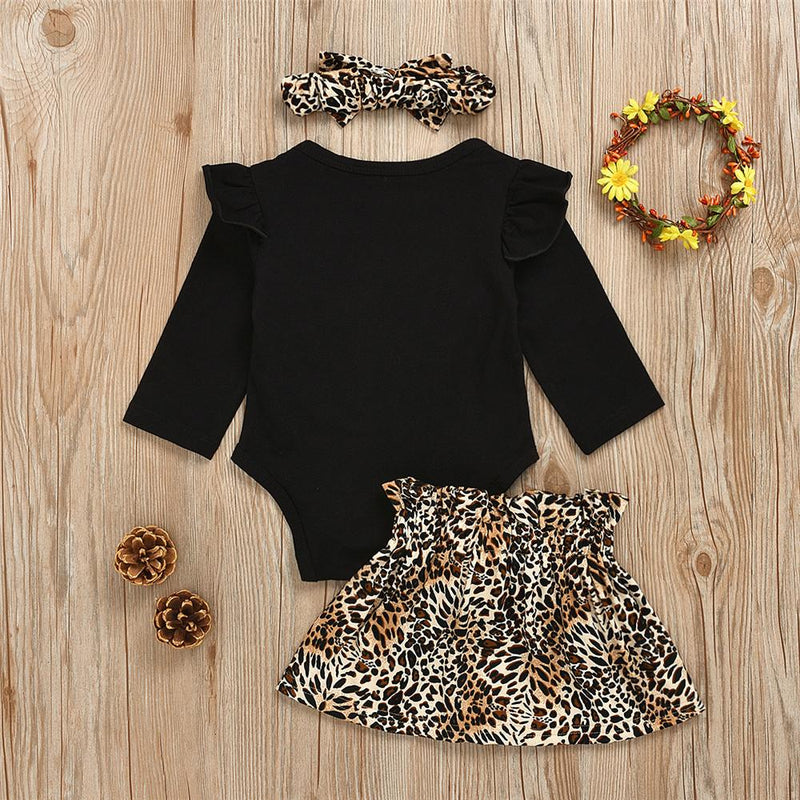 Baby Girls Letter Printed Long Sleeve Romper & Leopard Skirt & Headband - PrettyKid