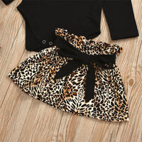 Baby Girls Letter Printed Long Sleeve Romper & Leopard Skirt & Headband - PrettyKid