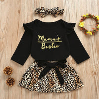 Baby Girls Letter Printed Long Sleeve Romper & Leopard Skirt & Headband - PrettyKid