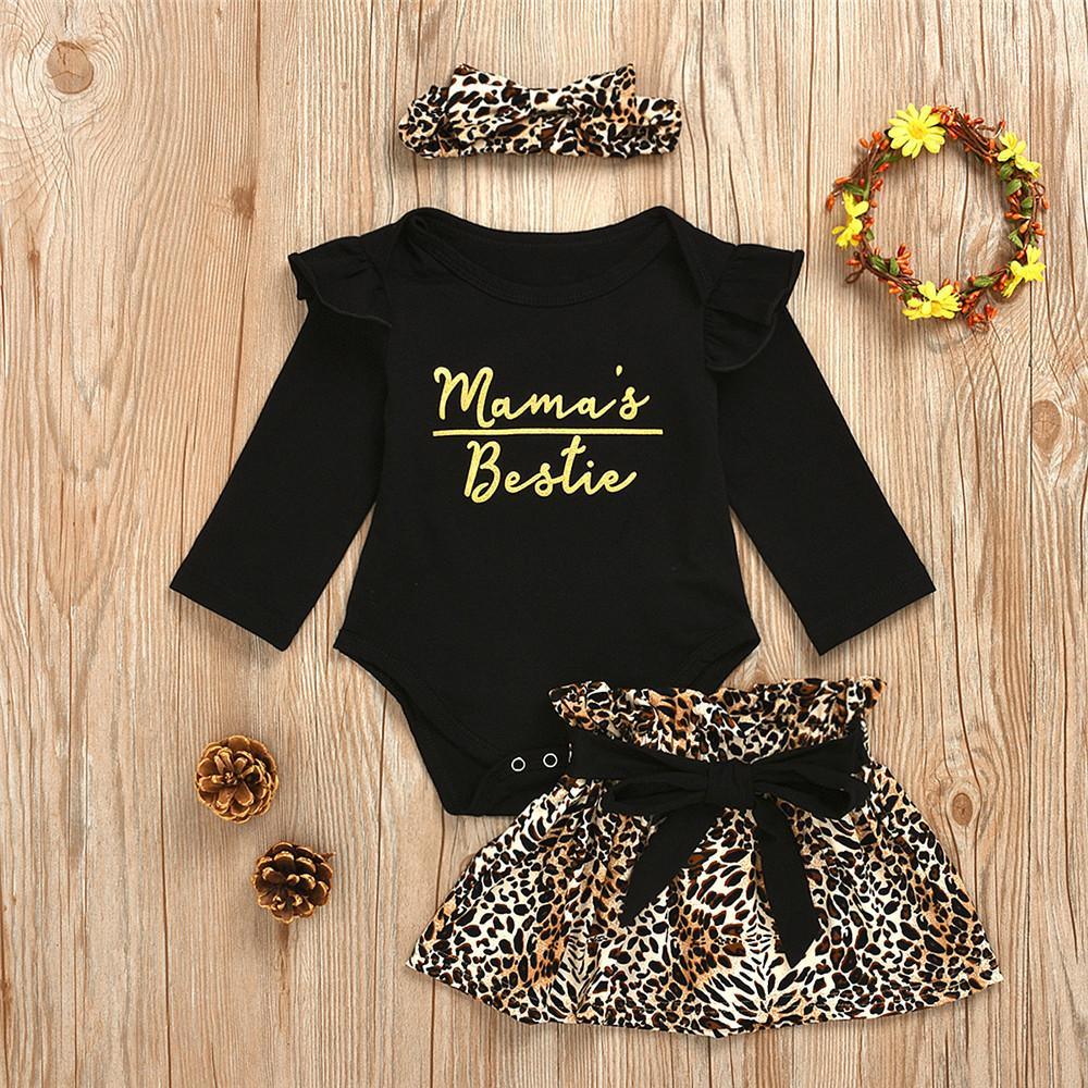 Baby Girls Letter Printed Long Sleeve Romper & Leopard Skirt & Headband - PrettyKid