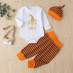Baby Girls Letter Printed Long Sleeve Romper & Striped Pants & Hat - PrettyKid