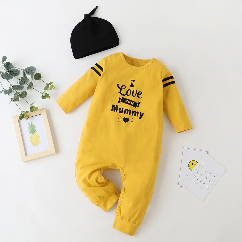 Baby Letter Printed Long Sleeve Rompers & Hat - PrettyKid