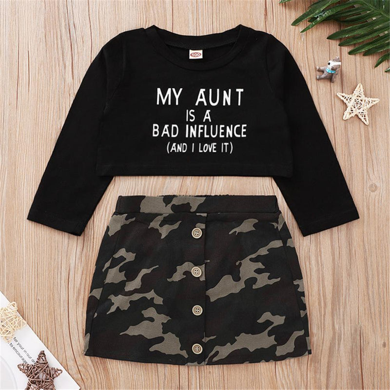 Girls Letter Printed Long Sleeve Top & Camo Button Skirt Wholesale Girls - PrettyKid