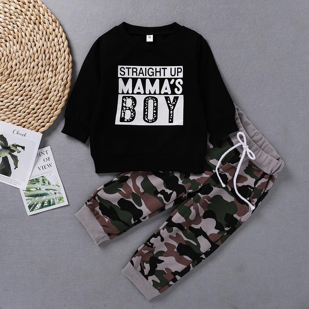 Baby Boys Letter Printed Long Sleeve Top & Camo Pants Boys Wholesale - PrettyKid