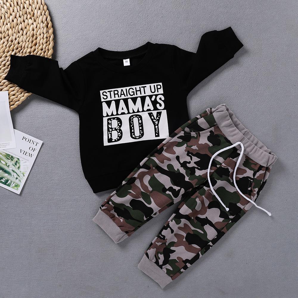 Baby Boys Letter Printed Long Sleeve Top & Camo Pants Boys Wholesale - PrettyKid