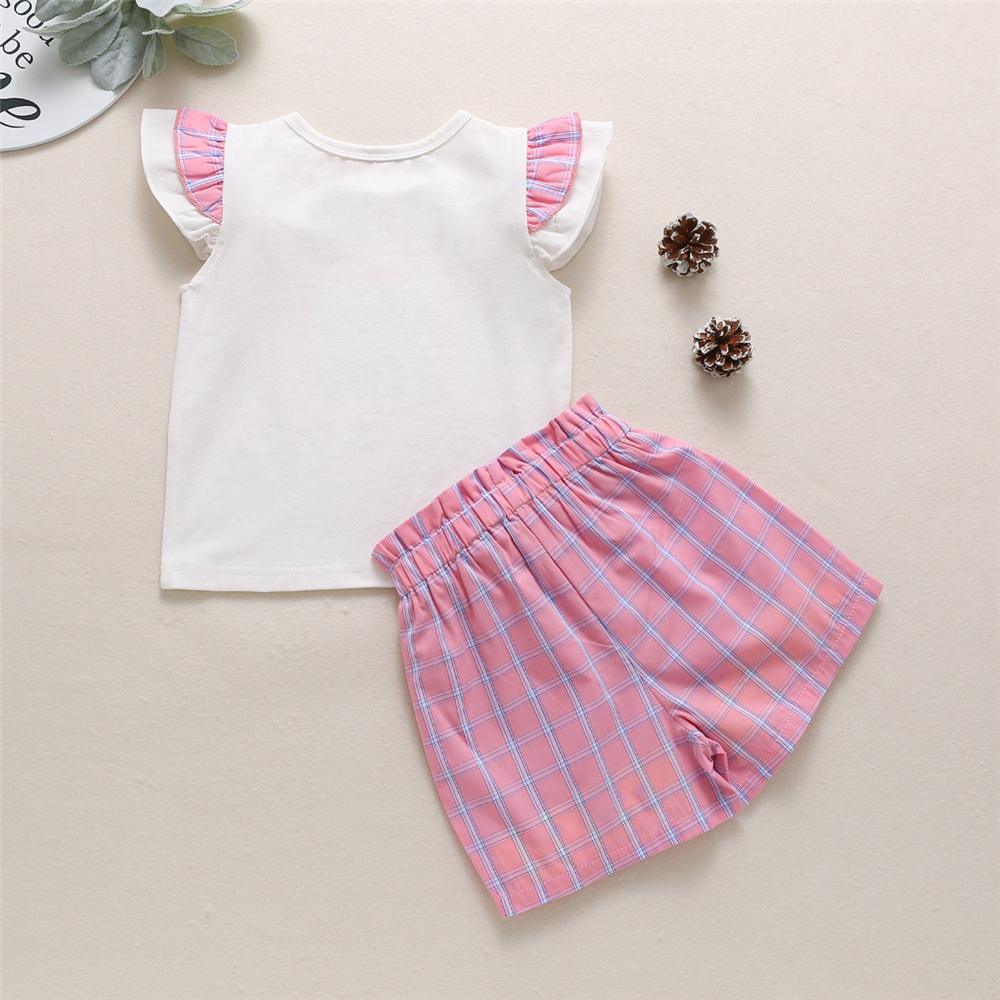 Toddler Girls Letter Printed Plaid Flying Sleeve Top & Shorts little girl clothing vendors - PrettyKid