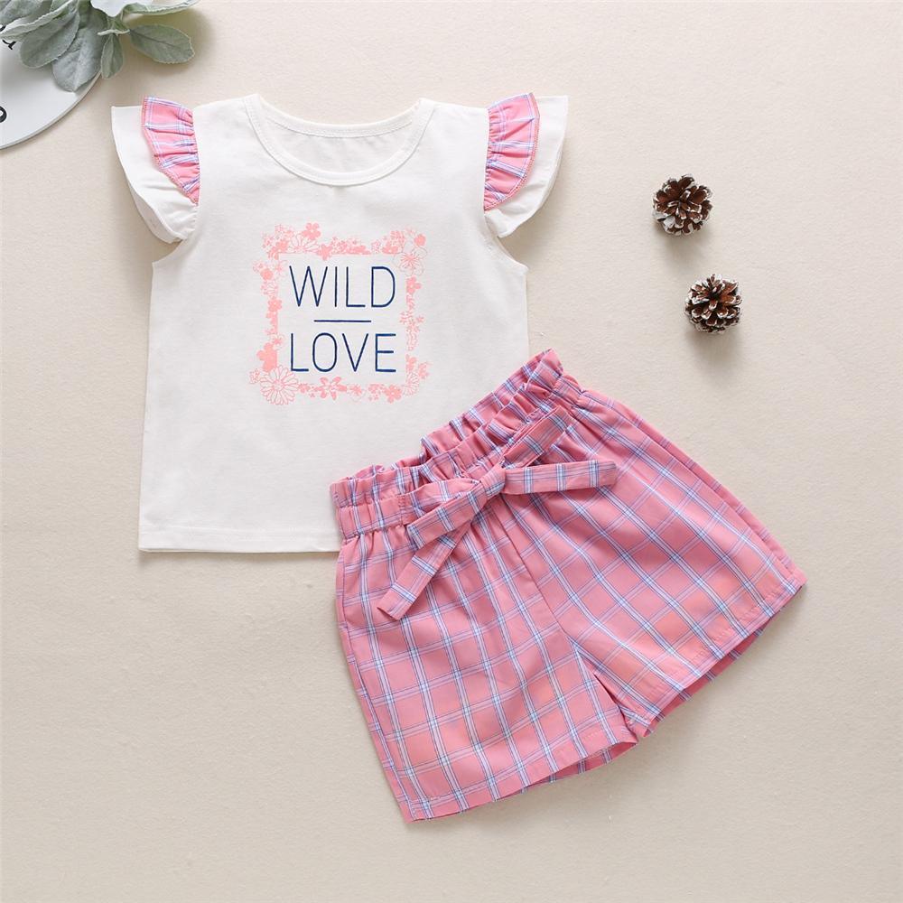 Toddler Girls Letter Printed Plaid Flying Sleeve Top & Shorts little girl clothing vendors - PrettyKid