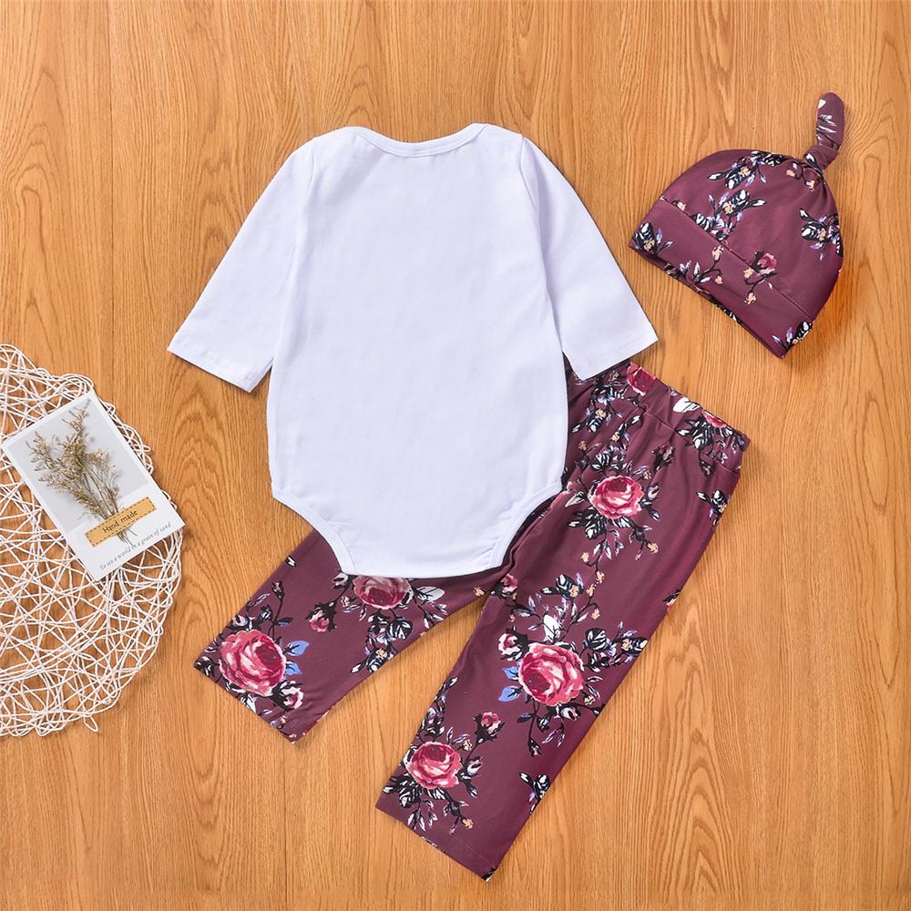 Baby Girl Letter Printed Romper Floral Pants & Hat Bulk Baby Clothes Online - PrettyKid