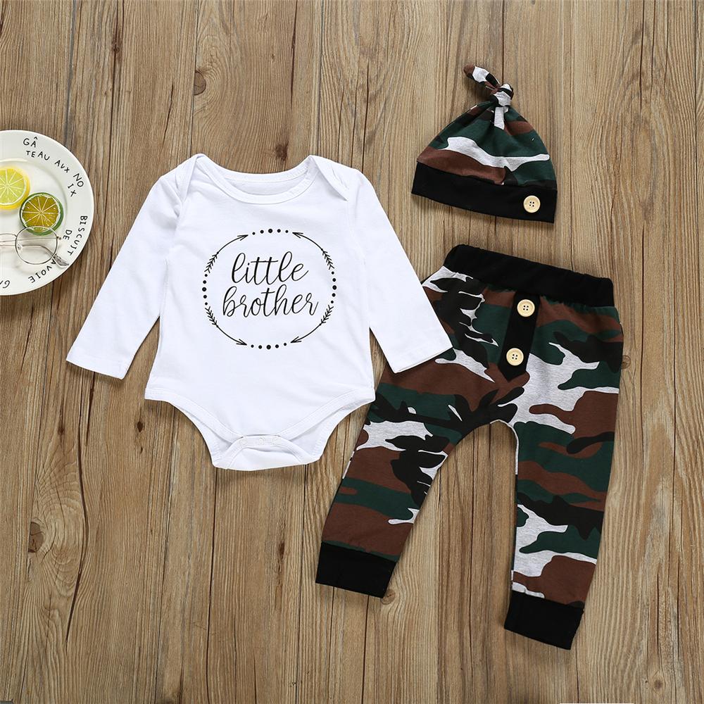 Baby Boys Letter Printed Romper & Camo Button Pants & Hat Wholesale Baby - PrettyKid