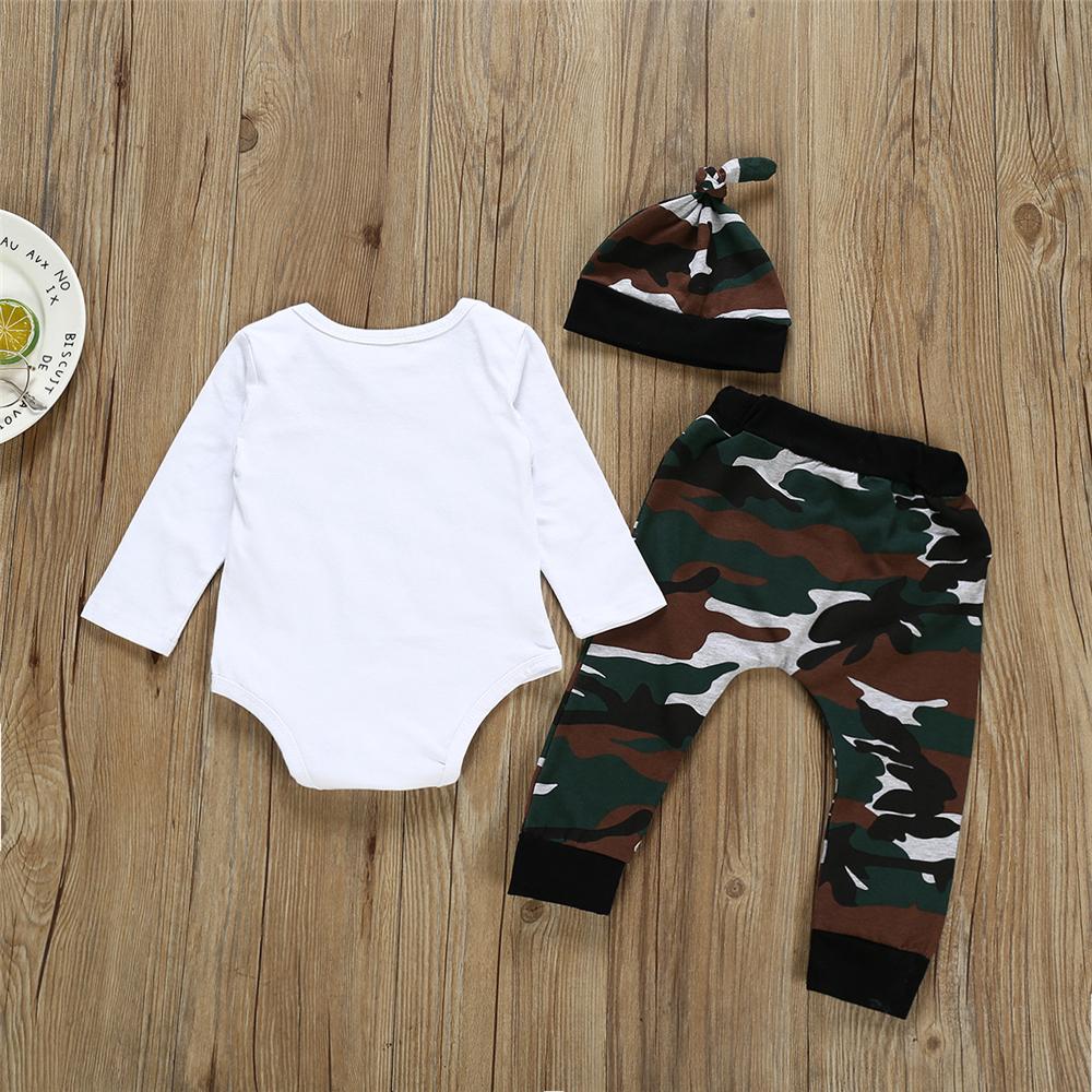 Baby Boys Letter Printed Romper & Camo Button Pants & Hat Wholesale Baby - PrettyKid
