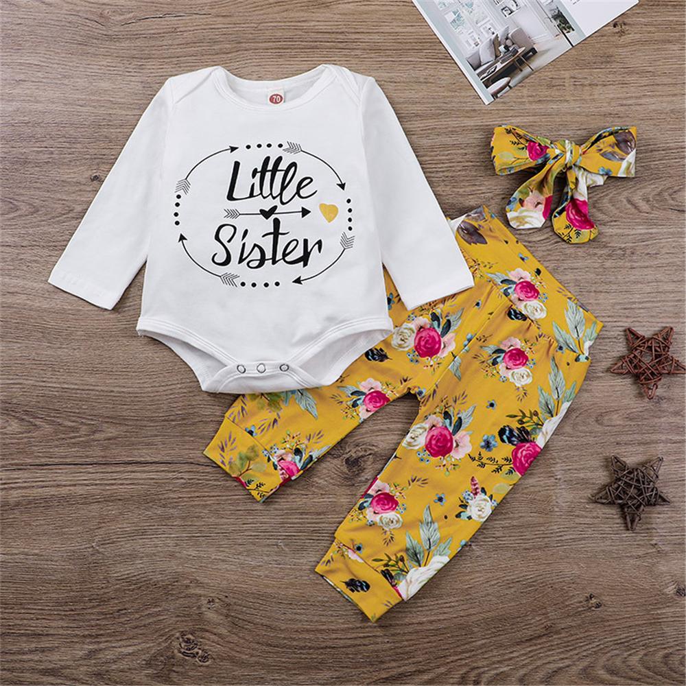 Baby Girls Letter Printed Romper & Floral Pants & Headband Baby Wholesales - PrettyKid