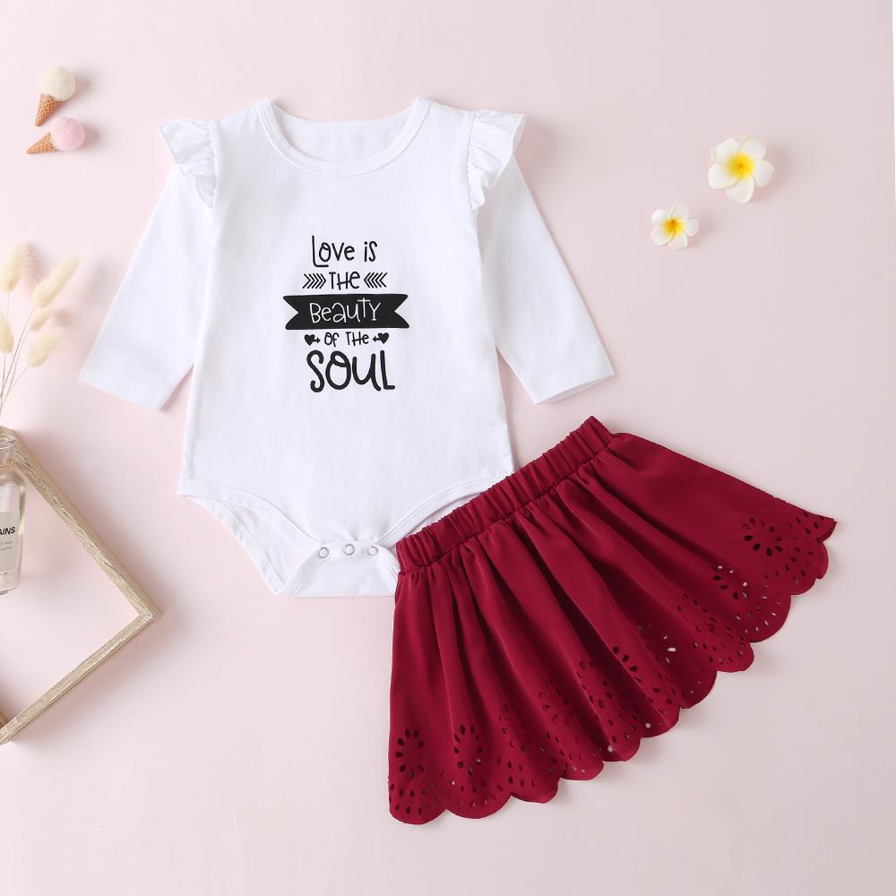 Baby Girls Letter Printed Romper & Hollow-out Skirt - PrettyKid
