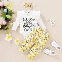 Baby Girls Letter Printed Ruffled Long Sleeve Romper & Floral Printed Pants & Headband Wholesale Baby Outfits - PrettyKid