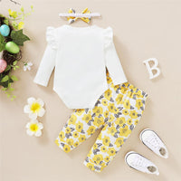 Baby Girls Letter Printed Ruffled Long Sleeve Romper & Floral Printed Pants & Headband Wholesale Baby Outfits - PrettyKid