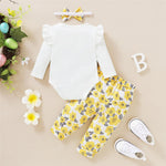Baby Girls Letter Printed Ruffled Long Sleeve Romper & Floral Printed Pants & Headband Wholesale Baby Outfits - PrettyKid