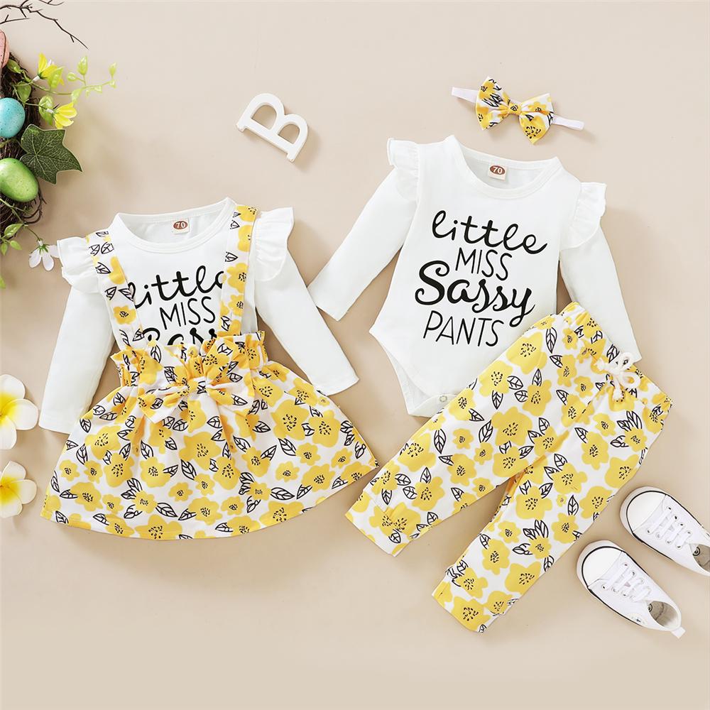 Baby Girls Letter Printed Ruffled Long Sleeve Romper & Floral Printed Pants & Headband Wholesale Baby Outfits - PrettyKid