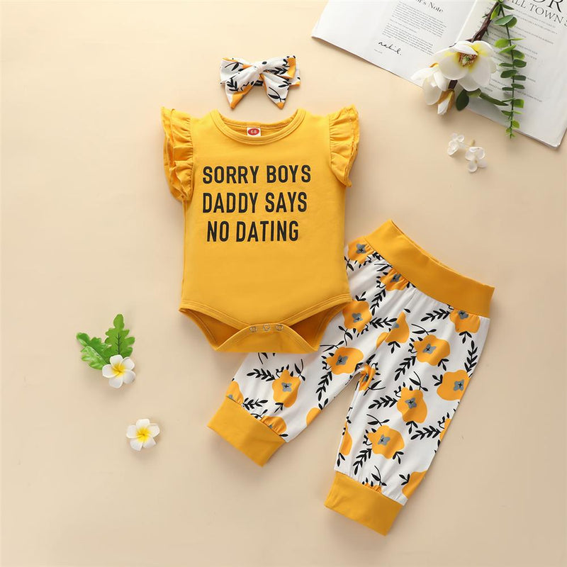Baby Girls Letter Printed Short Sleeve Romper & Floral Printed Pants & Headband Baby clothing Suppliers - PrettyKid