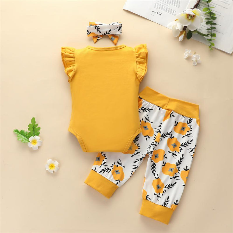 Baby Girls Letter Printed Short Sleeve Romper & Floral Printed Pants & Headband Baby clothing Suppliers - PrettyKid