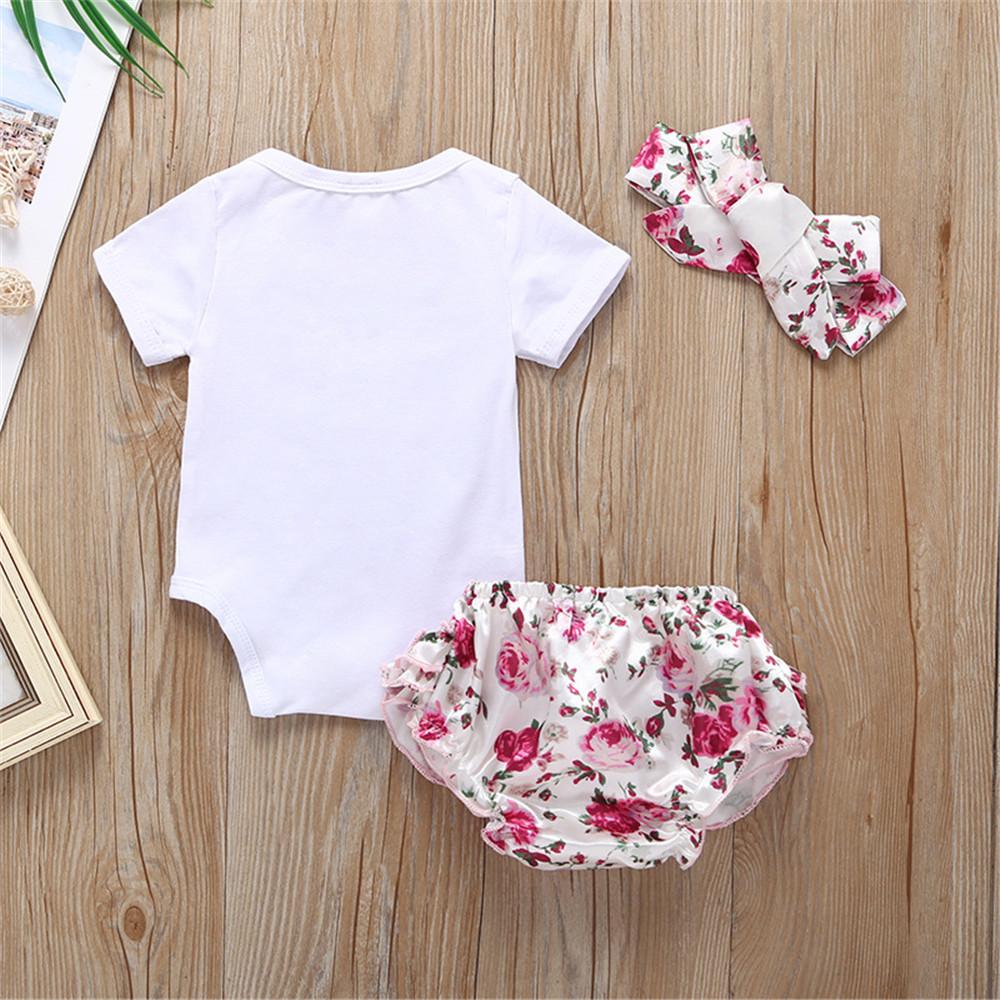 Baby Girls Letter Printed Short Sleeve Romper & Floral Printed Shorts Wholesale Baby Outfits - PrettyKid