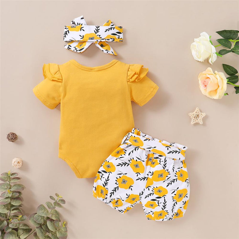 Baby Girls Letter Printed Short Sleeve Romper & Flower Shorts & Headband Baby clothing Cheap Wholesale - PrettyKid
