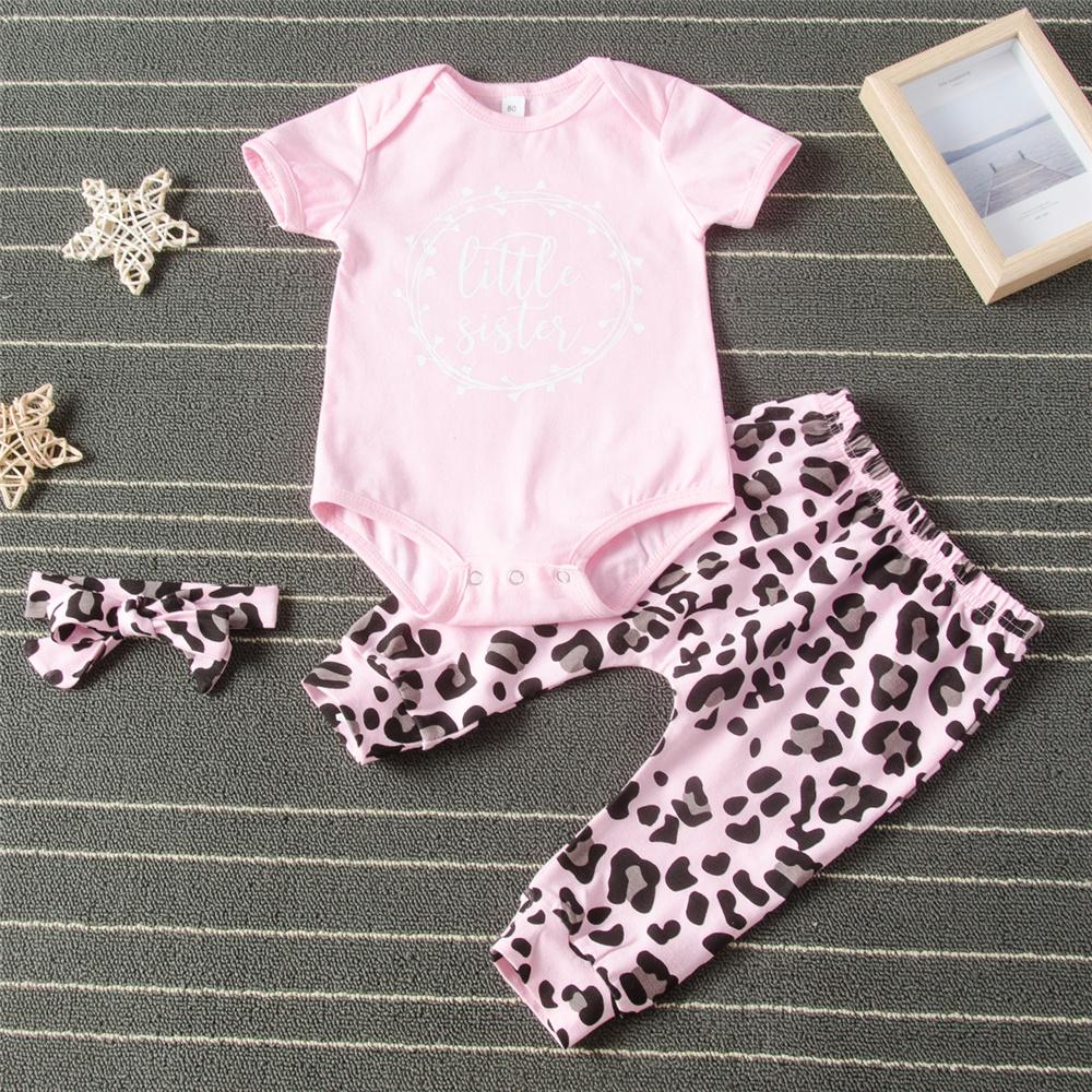 Baby Girls Letter Printed Short Sleeve Romper & Leopard Pants Baby clothing Cheap Wholesale - PrettyKid