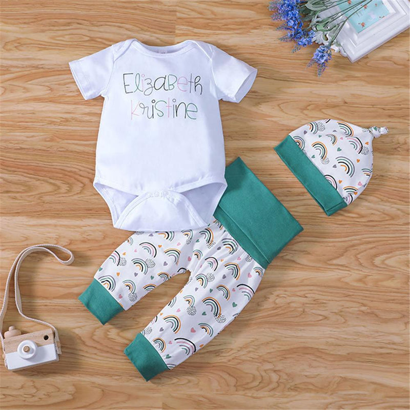 Baby Girls Letter Printed Short Sleeve Romper & Rainbow Pants & Hat Baby clothes Cheap Wholesale - PrettyKid