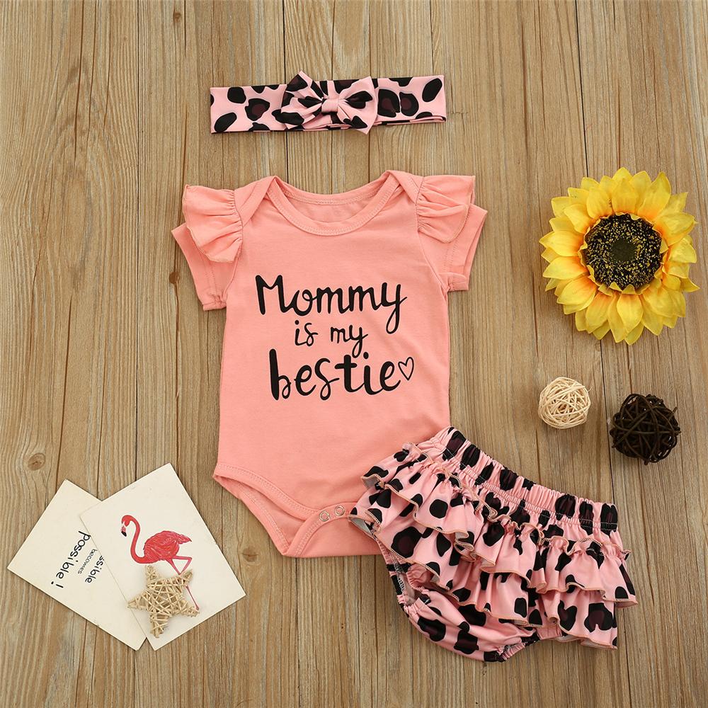 Baby Girls Letter Printed Short Sleeve Romper & Shorts & Headband Wholesale Baby Cloths - PrettyKid